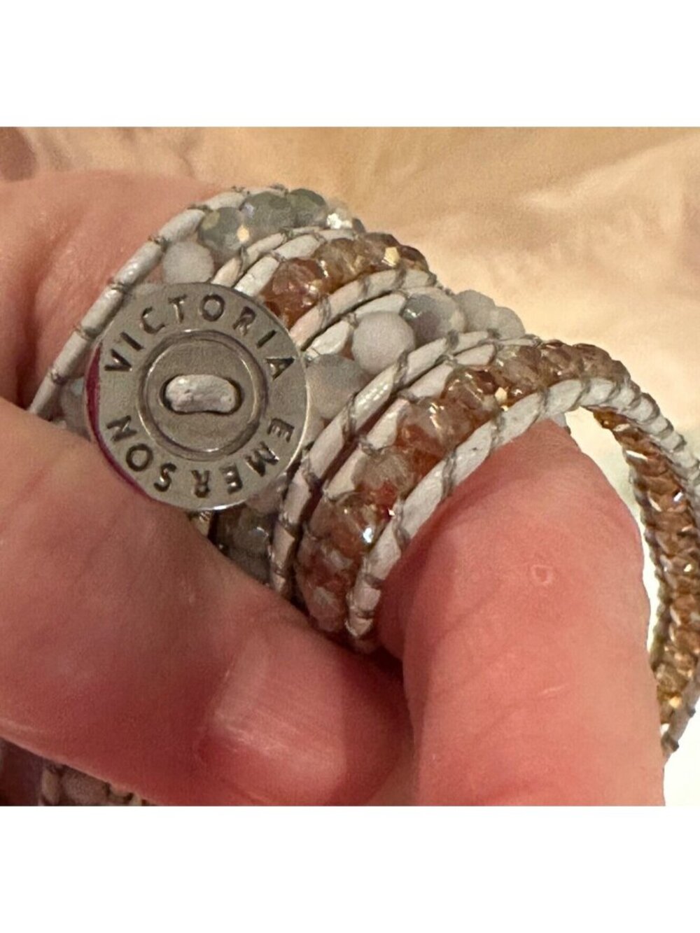 Victoria Emerson Leather Wrap Bracelet Quartz Crystal Beads 36" White Rose Gold - Picture 6 of 16
